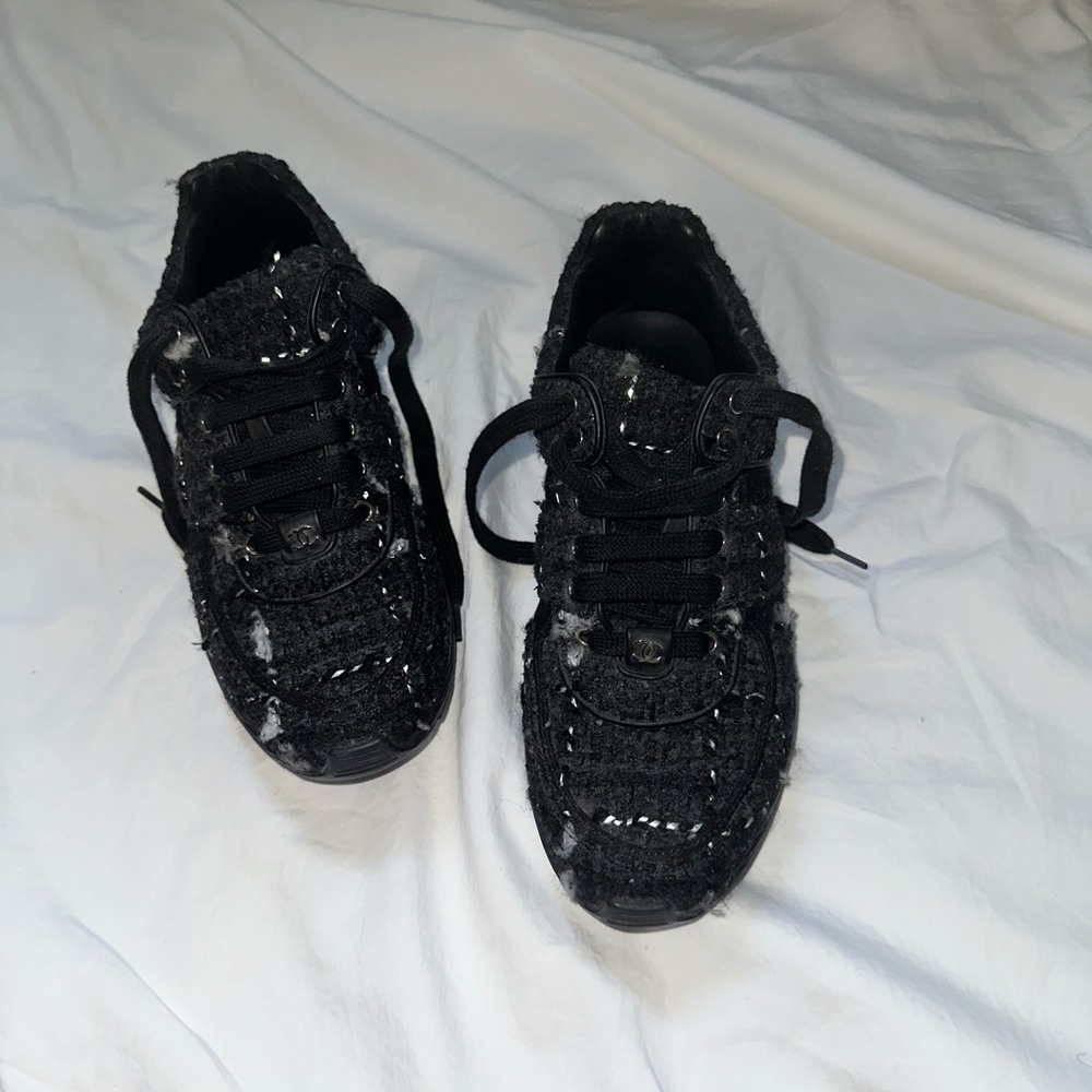 CHANEL Black Tweed Lace-Up Sneakers